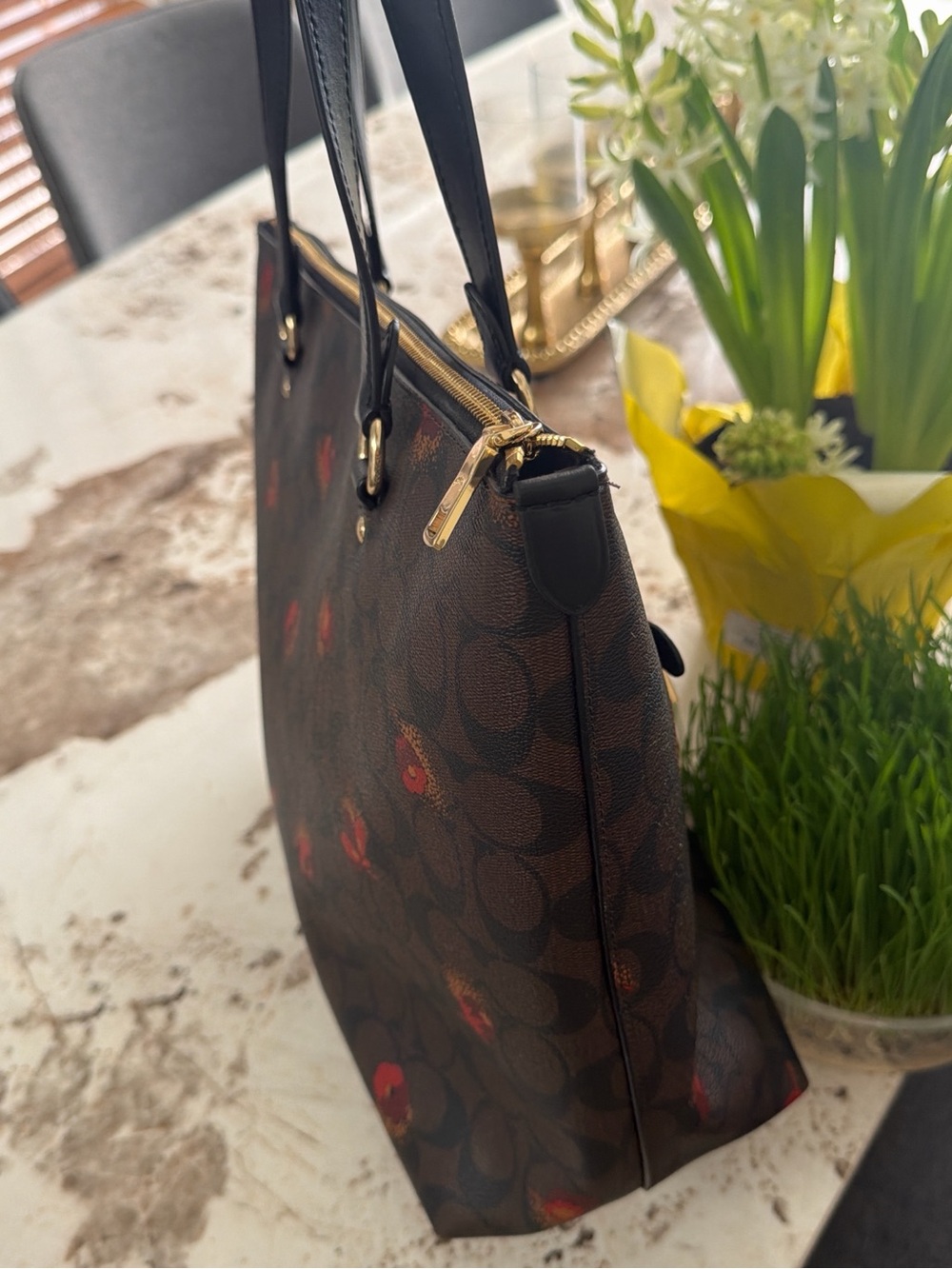 Coach Brown Signature Monogram Tote with Red Floral Accents - Picture 10 of 15